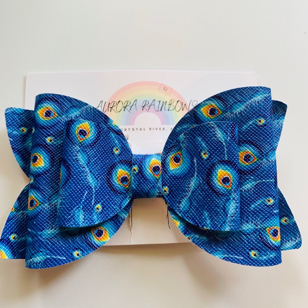 Peacock Feather Faux Leather Large Bow